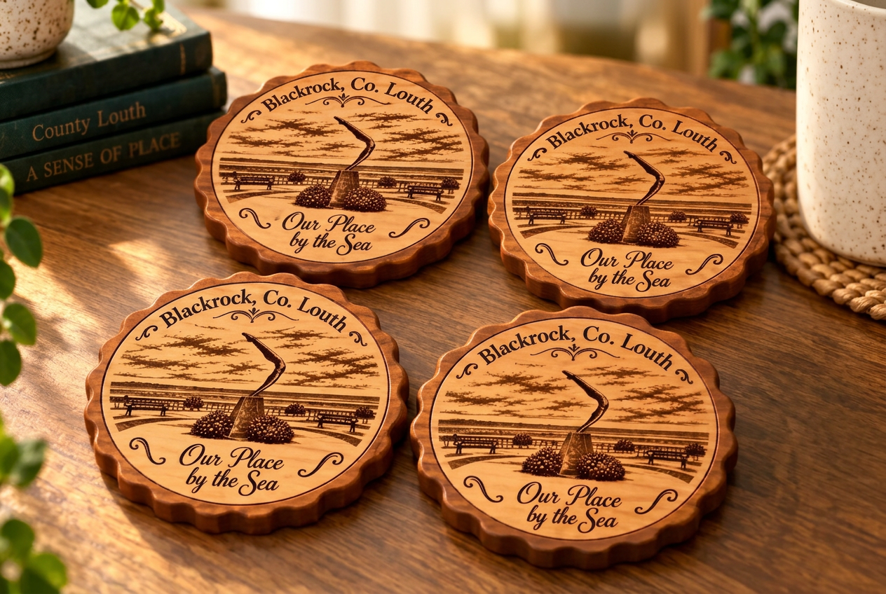 Set of four Blackrock Our Place by the Sea wooden coasters on a warm table
