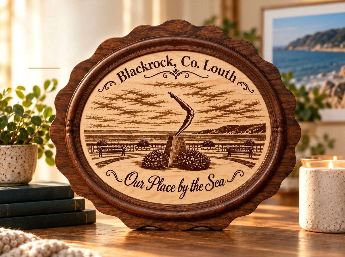 Blackrock Our Place by the Sea plaque in a warm home setting overlooking the coast