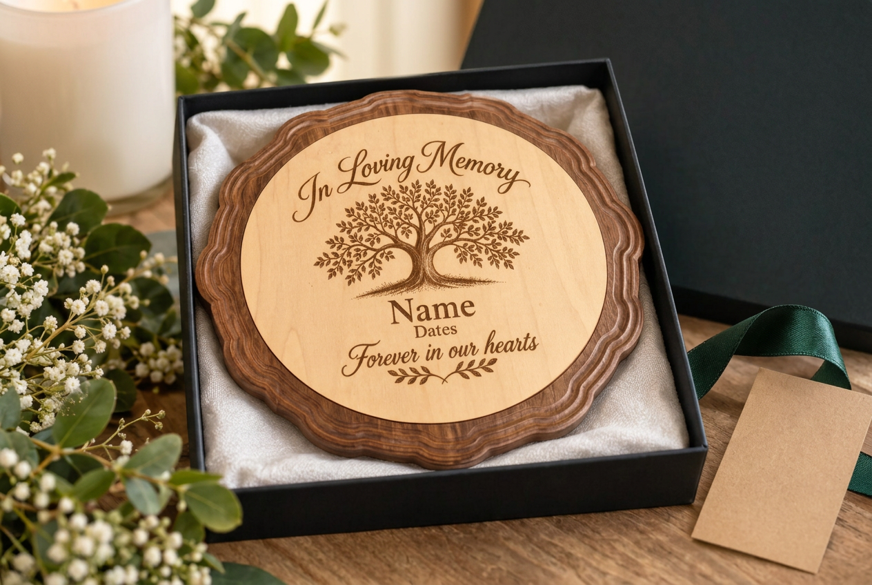 Personalised memorial plaque nestled in its presentation box with flowers and a candle