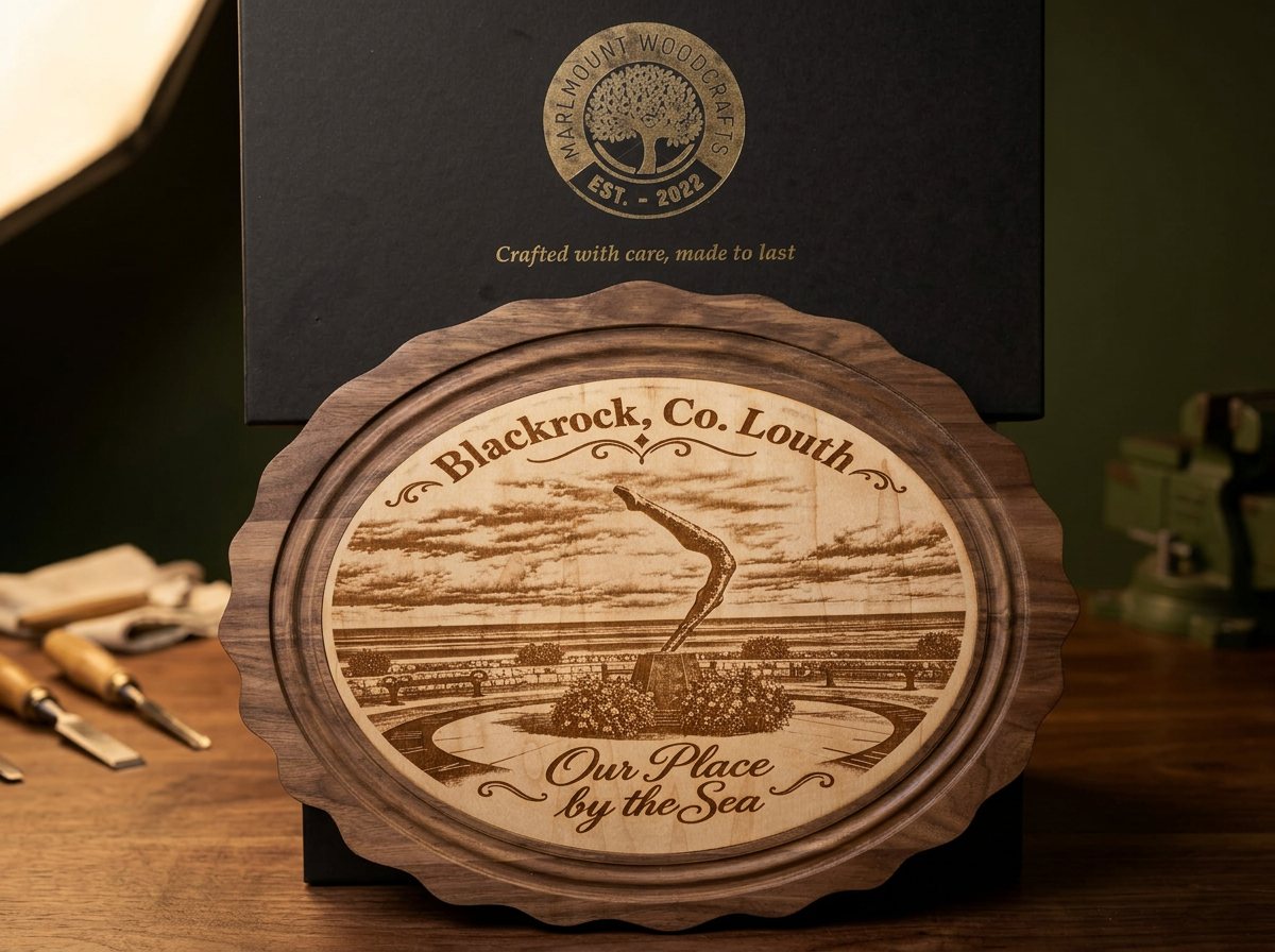 Walnut-framed plaque engraved with Blackrock promenade and the words Our Place by the Sea, resting on a Marlmount presentation box