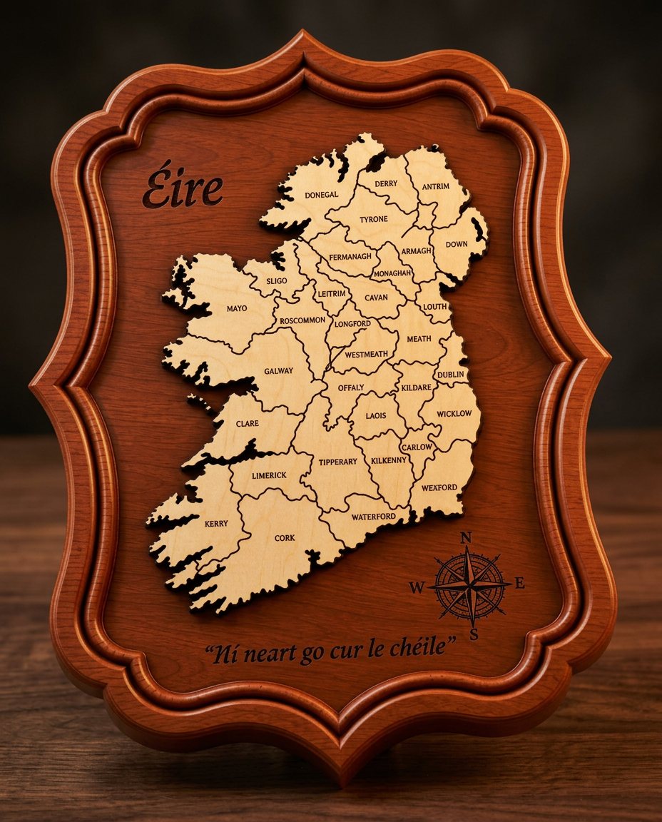 Scalloped cherry plaque with a laser-cut maple county map of Ireland and compass