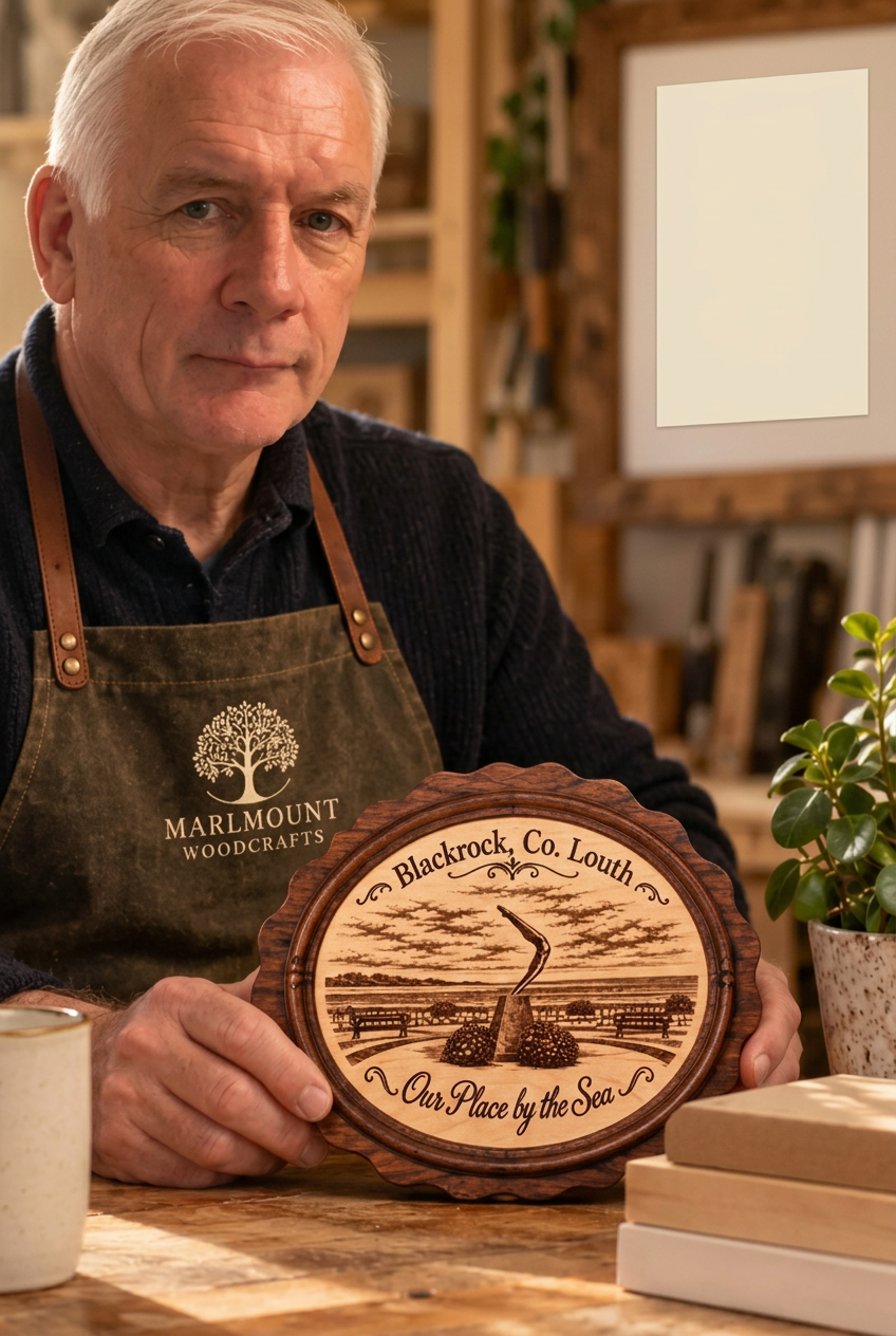 Paul Hargadon in his Blackrock workshop, holding a personalised plaque